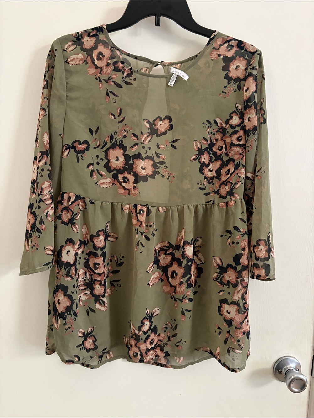 Olive Floral Peplum Blouse - Women with open back SZ M Sheer Cottagecore Flowy